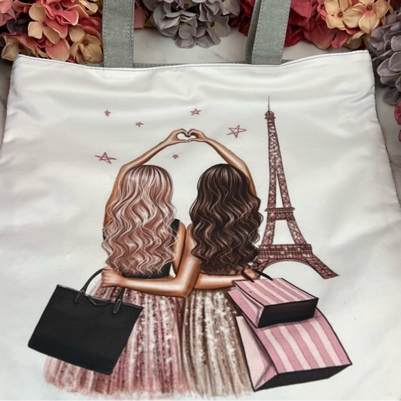 Two Girls Shopping in Paris Zippered Shoulder Tote Bag - Picture 8 of 16